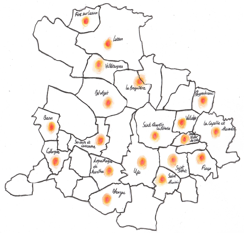 Carte des carillons recensés au 21 septembre 2023 en Uzège (L. Lemasson)