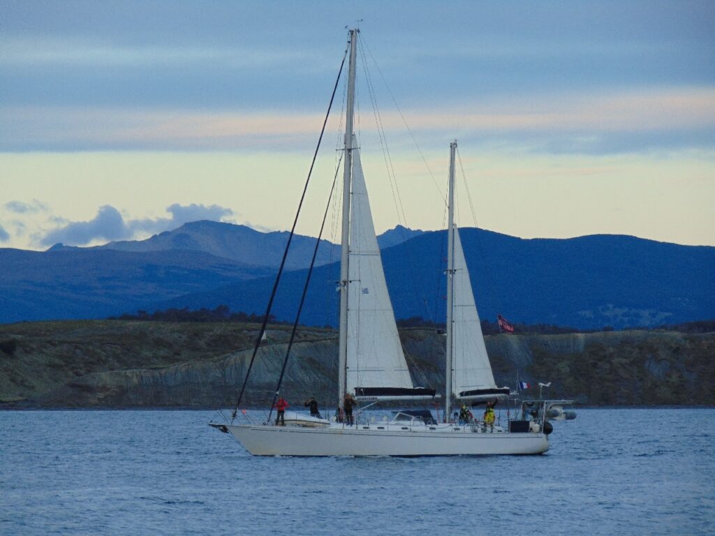Arrival of the sailing vessel Milagro in the Beagle Channel, Patagonia, after 15,000 nm (photograph by José Germán González Calderón, near Puerto Williams, Navarino Island, Cape Horn region, Chile, 2025)