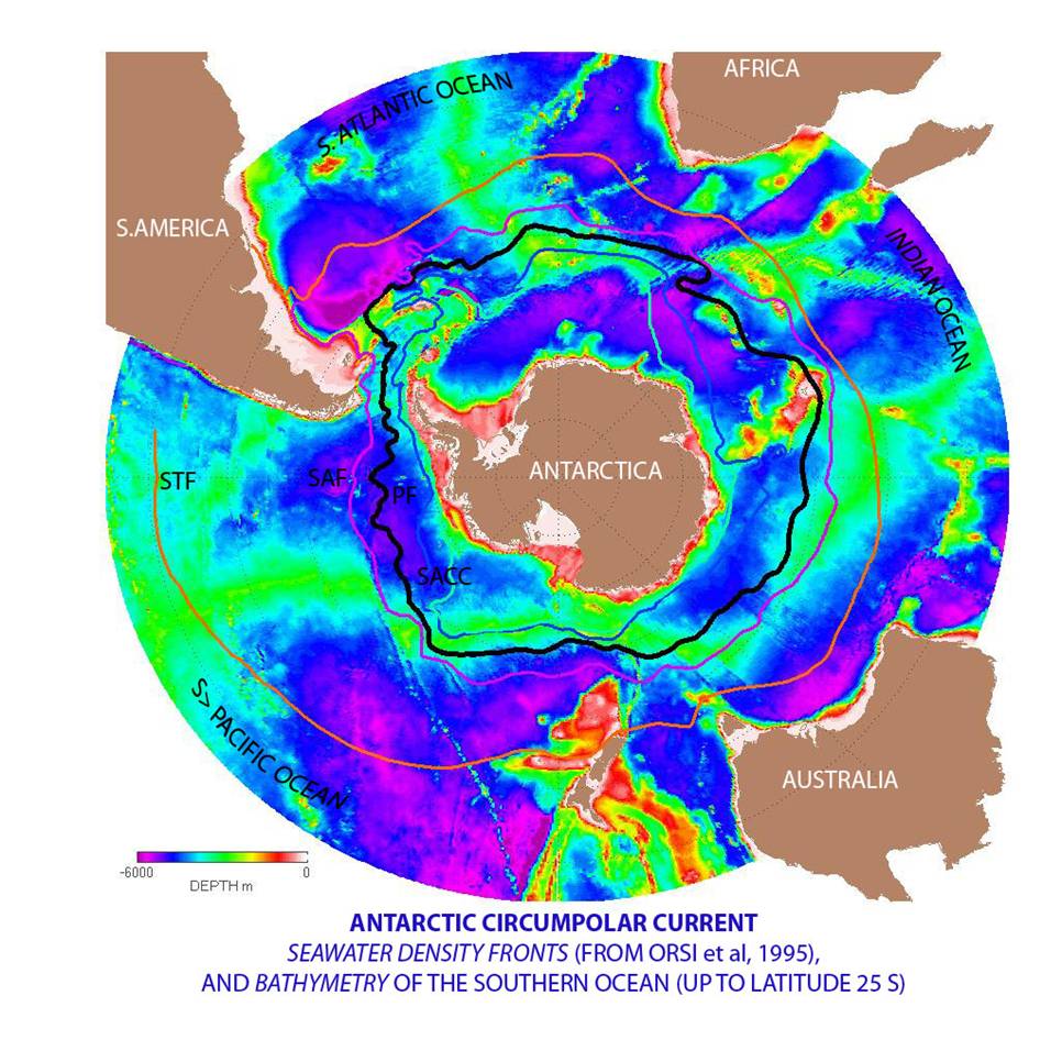 Où se trouve le cap Horn? Localisation et caractéristiques d'un point géographique mythique 2 Map of the Antarctic Circumpolar Current and seawater density fronts around Antarctica showing ocean depth and key fronts near the Southern Ocean and surrounding continents
