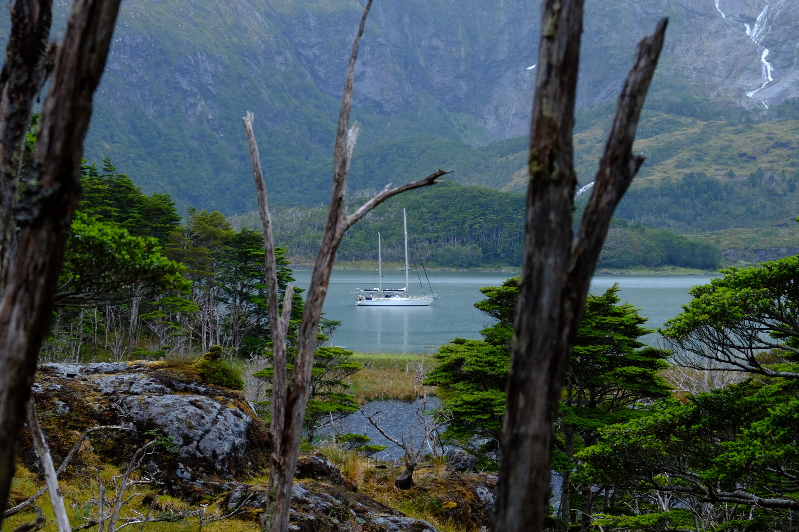 Le voilier Milagro au mouillage dans une baie de Patagonie (2025) canaux de patagonie en voilier au pied d'un glacier en patagonie chilienne lors d'une expédition dans les canaux de patagonie