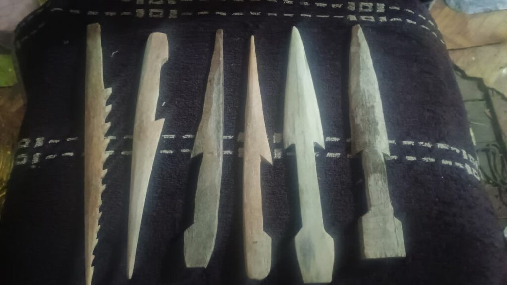 Yagan whalebone harpoons crafted by José German Gonzalez Calderon
